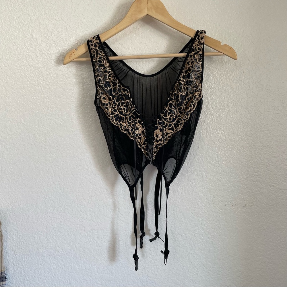 Vintage Fredrick’s of Hollywood Lace Up Front Sheer Bustier Lingerie Top 90s L